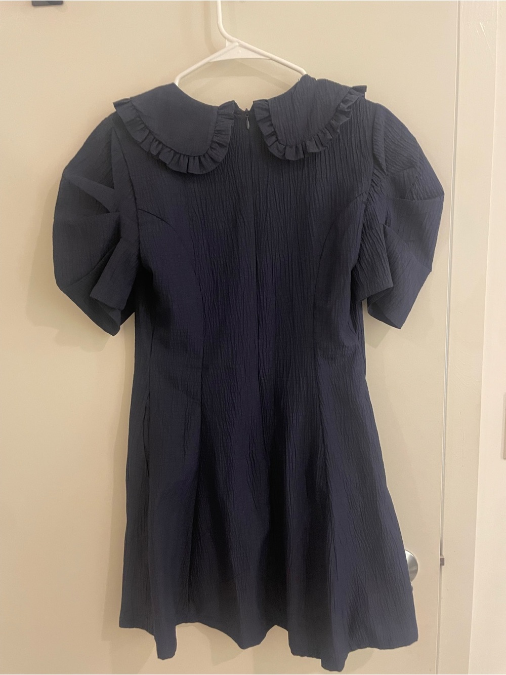 Anthropologie Textured Navy A-Line Dress with Ruffled Collar - Picture 2 of 3